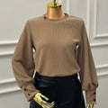 Ribbed Button-Cuff Top – Mocha Brown Kaleen