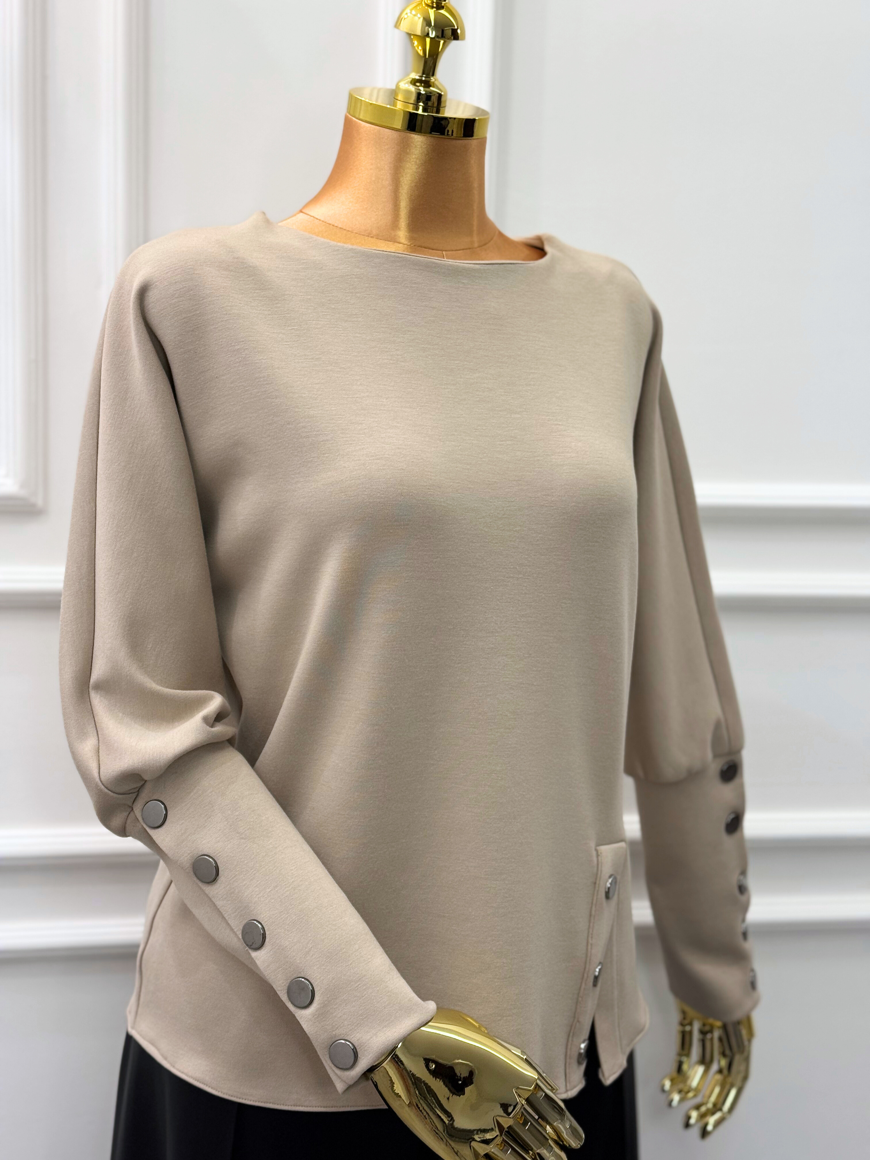 Soft Modal-Blend Button-Sleeve Top – Beige
