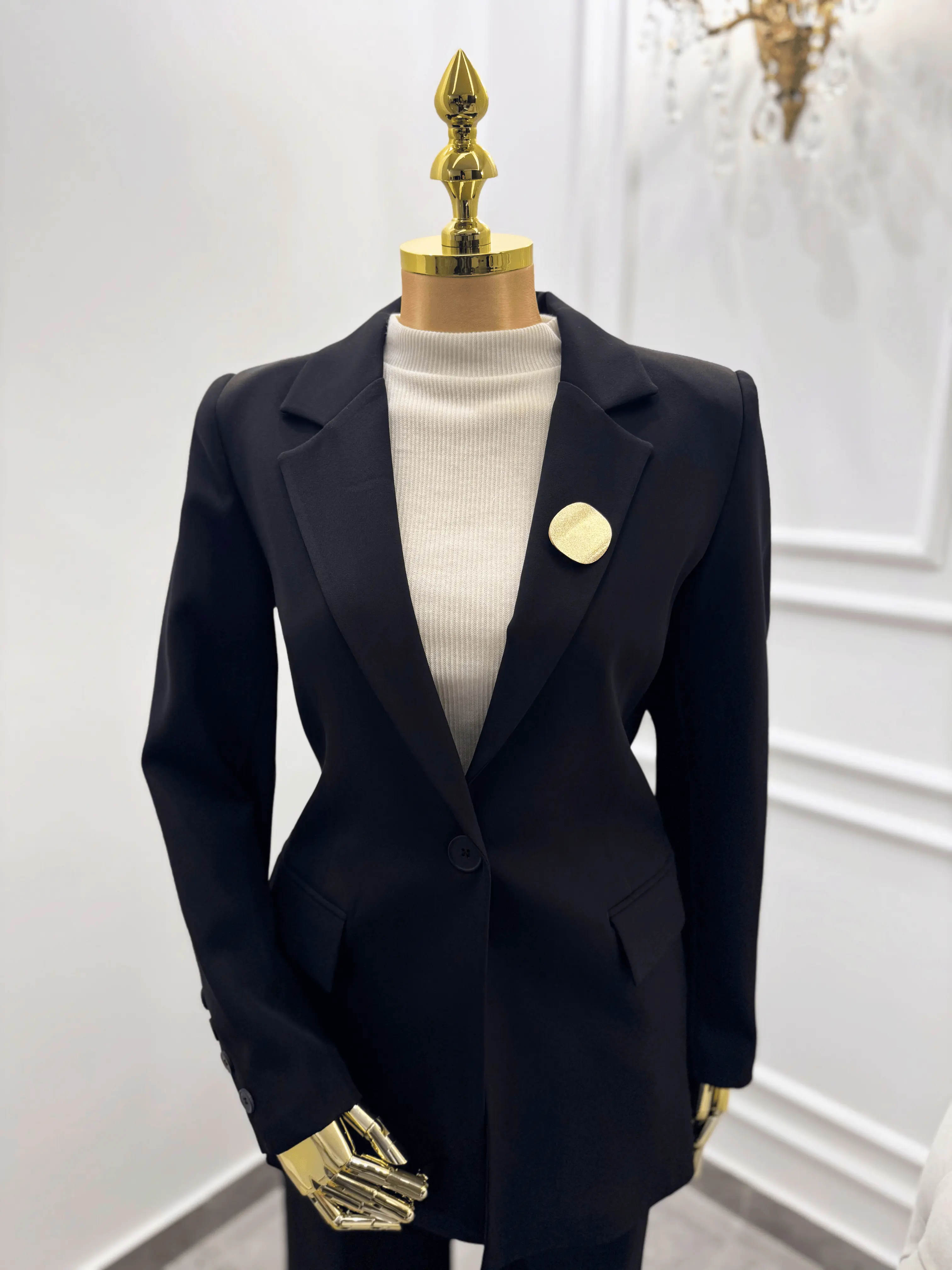 Black Tailored Blazer with Gold Brooch Kaleen