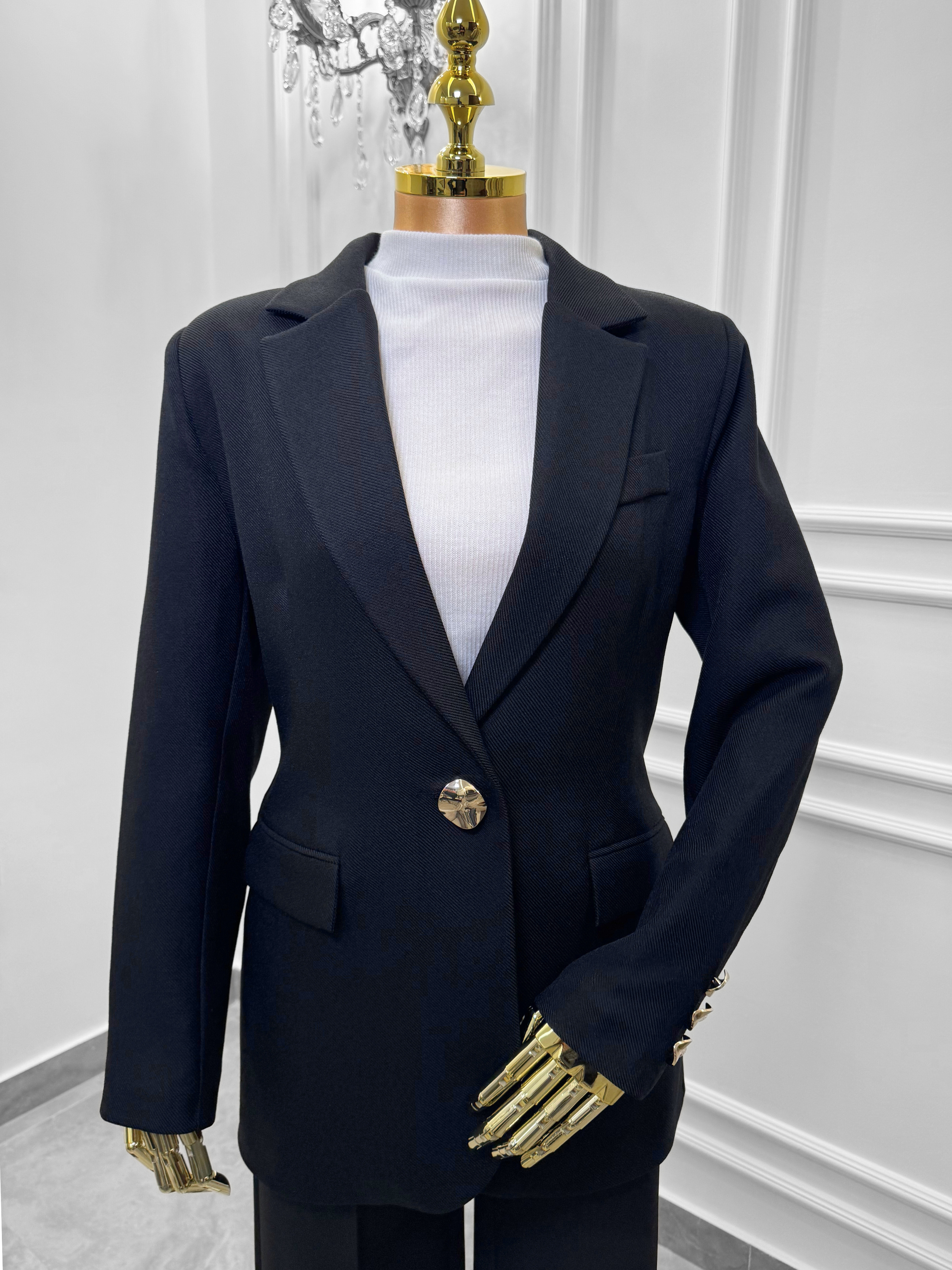Black Blazer with Gold Button Details