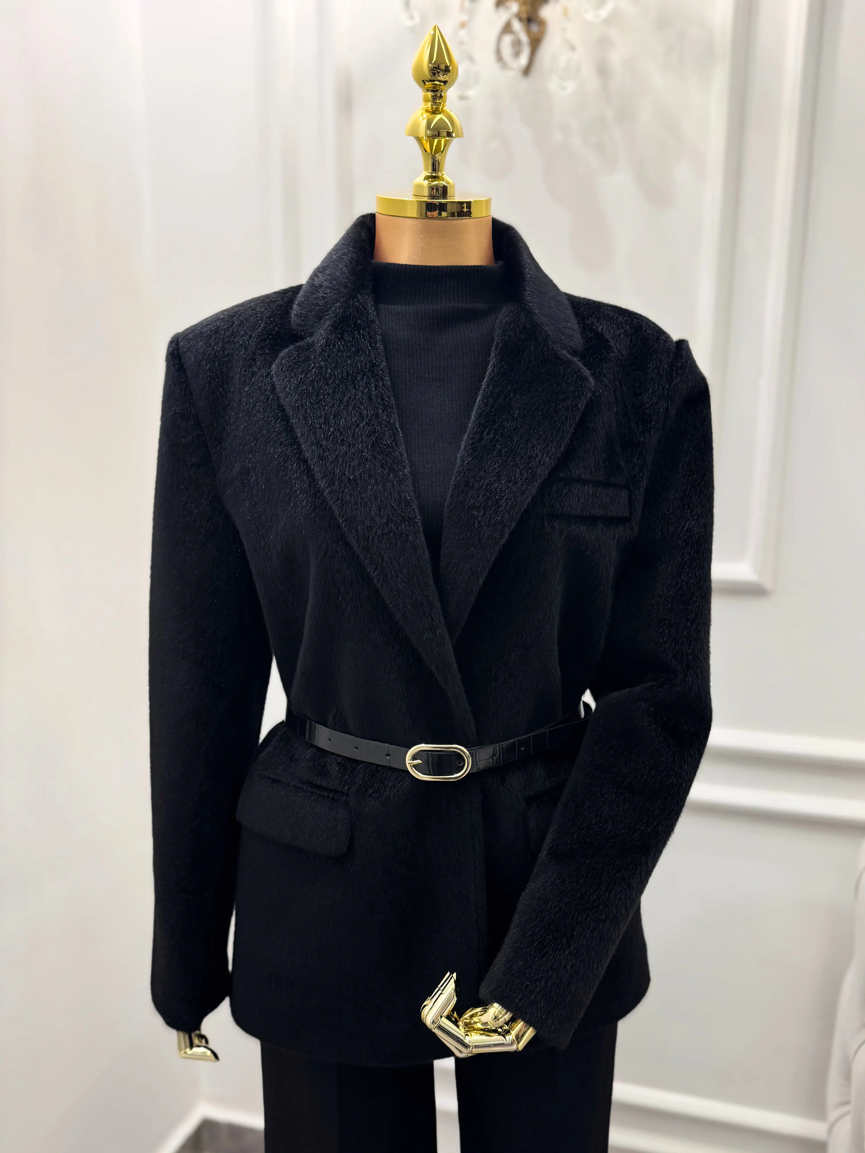 Black Faux Fur Jacket with Belt Kaleen