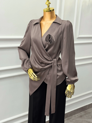 Satin Wrap Blouse with Rose Detail Kaleen
