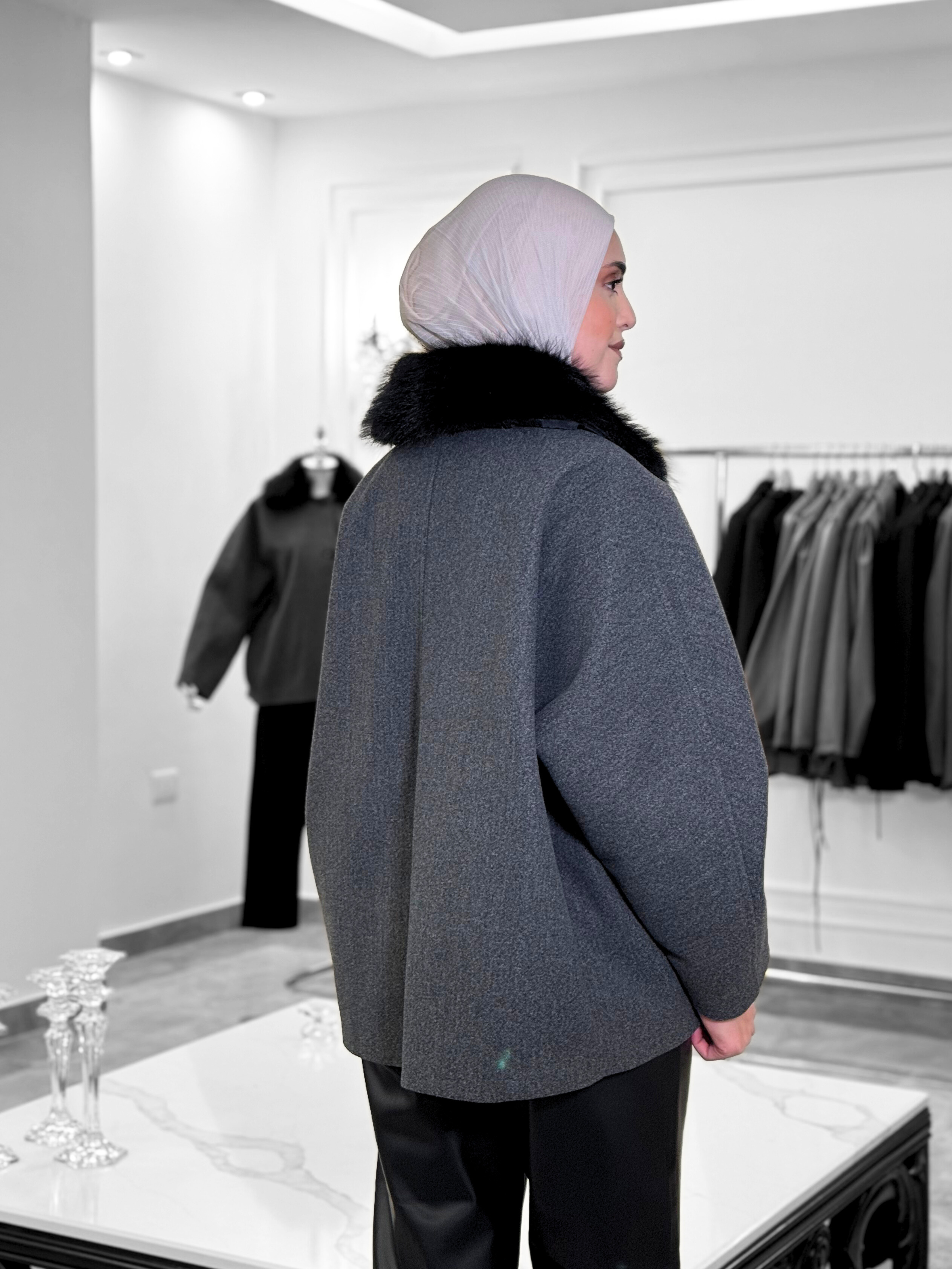 Wool-Blend Jacket with Faux Fur Collar – Charcoal Grey