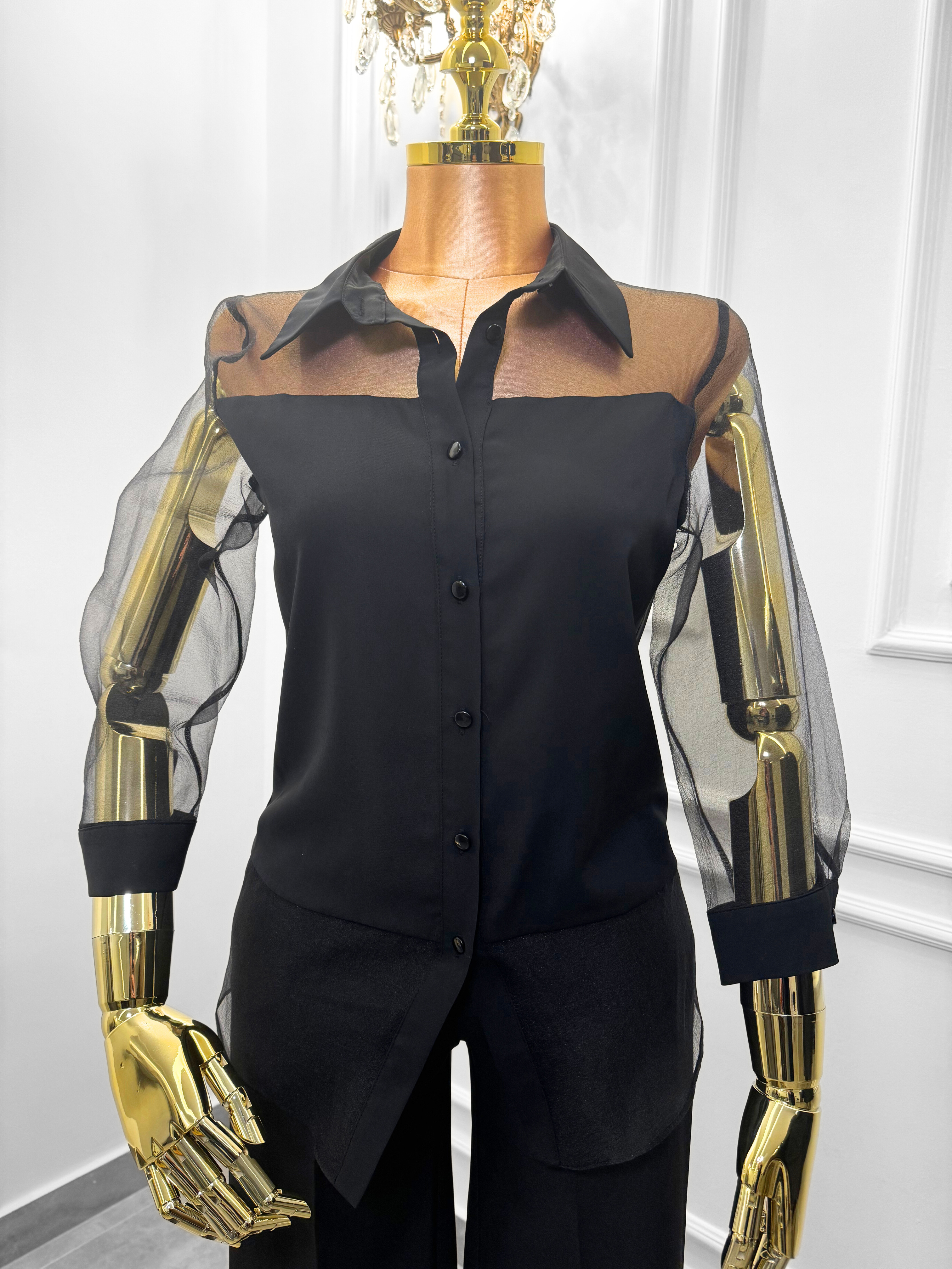 Chic Black Button-Down Shirt with Sheer Mesh Sleeves