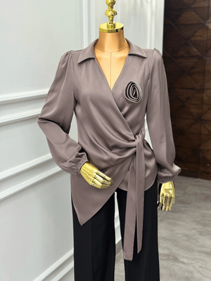 Satin Wrap Blouse with Rose Detail Kaleen