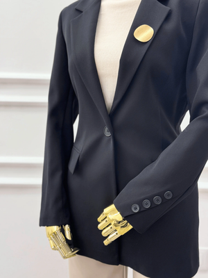 Black Tailored Blazer with Gold Brooch Kaleen