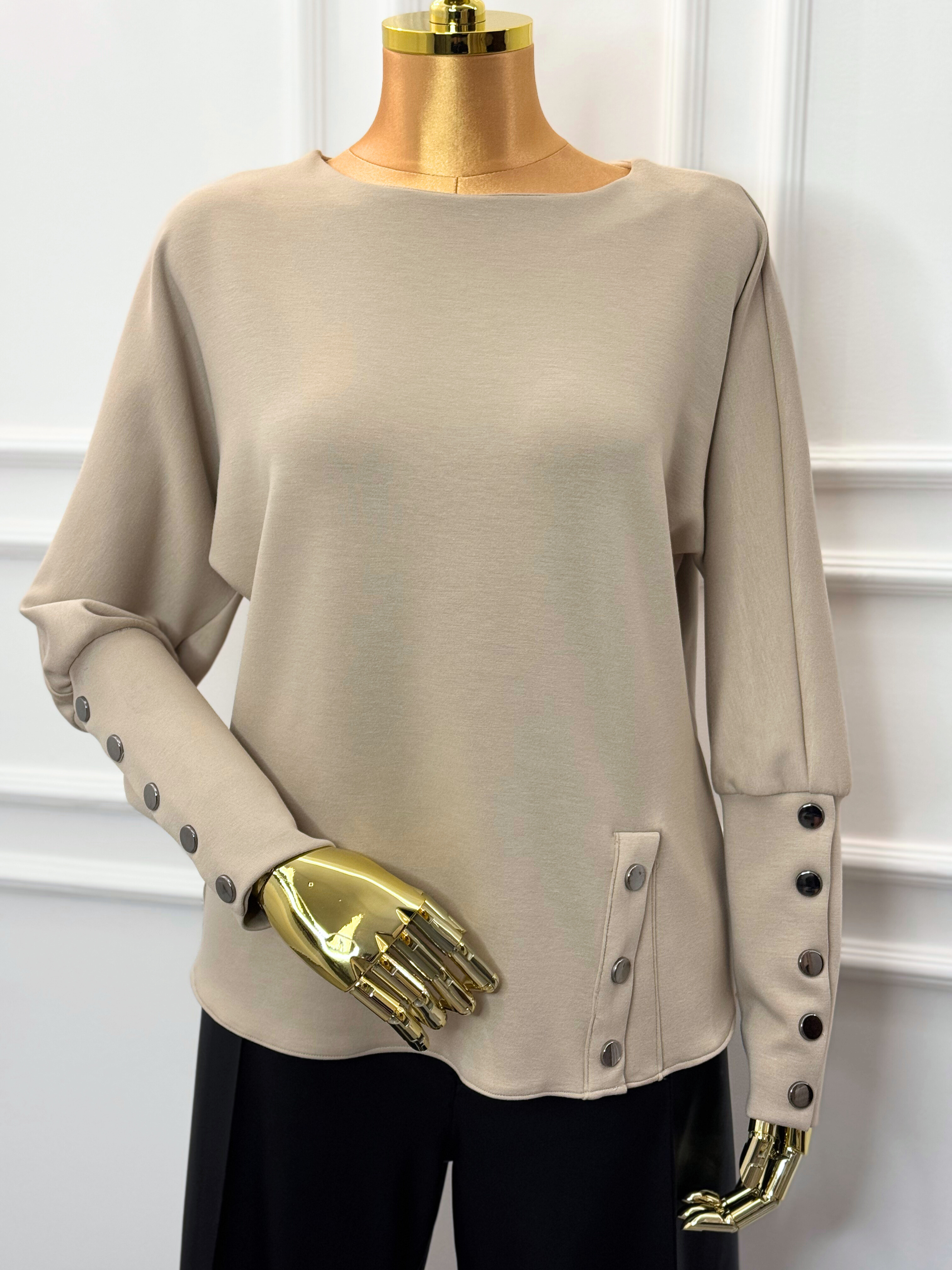 Soft Modal-Blend Button-Sleeve Top – Beige