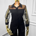 Chic Black Button-Down Shirt with Sheer Mesh Sleeves