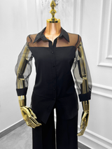 Chic Black Button-Down Shirt with Sheer Mesh Sleeves
