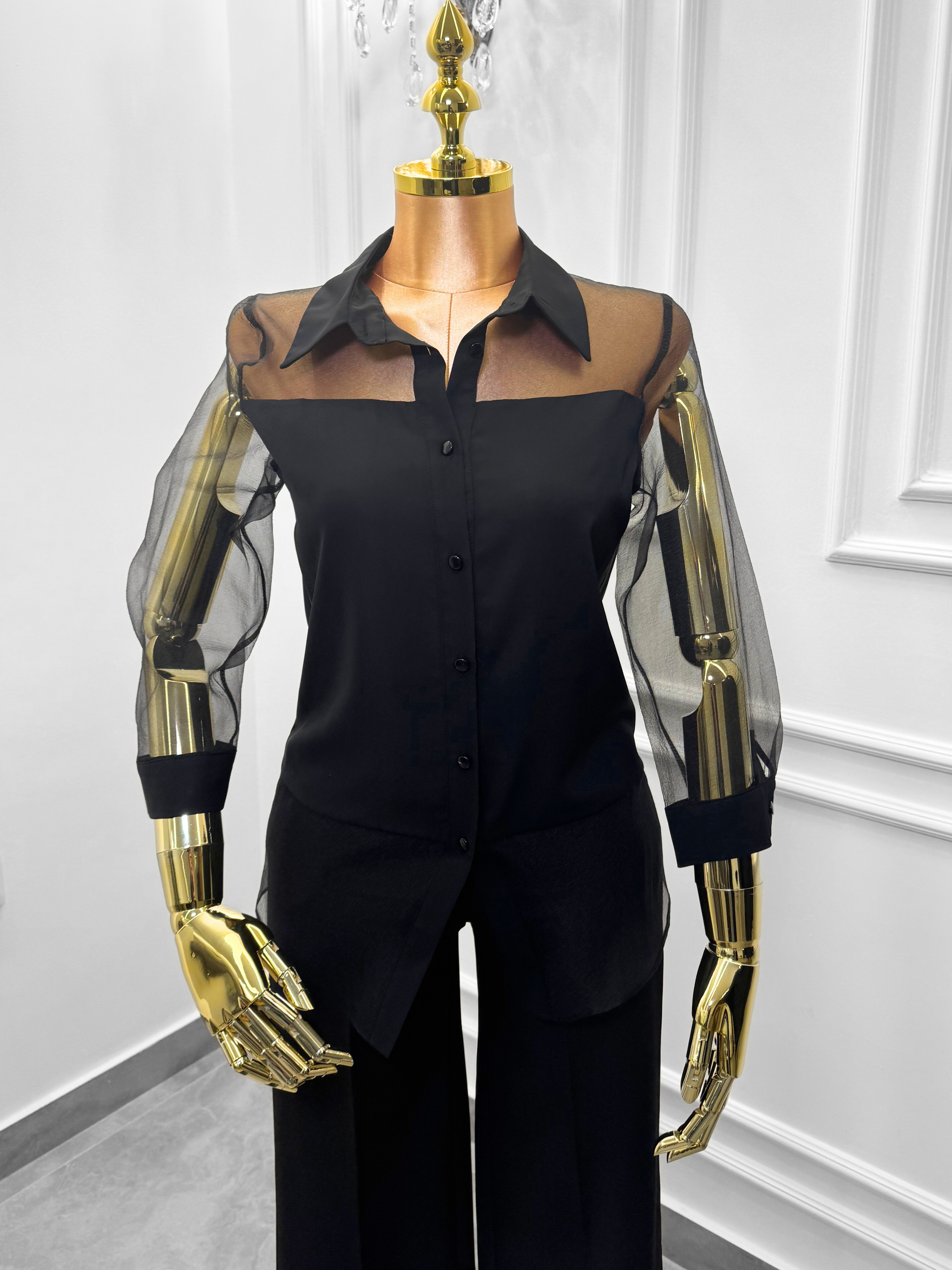 Chic Black Button-Down Shirt with Sheer Mesh Sleeves