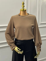 Ribbed Button-Cuff Top – Mocha Brown Kaleen