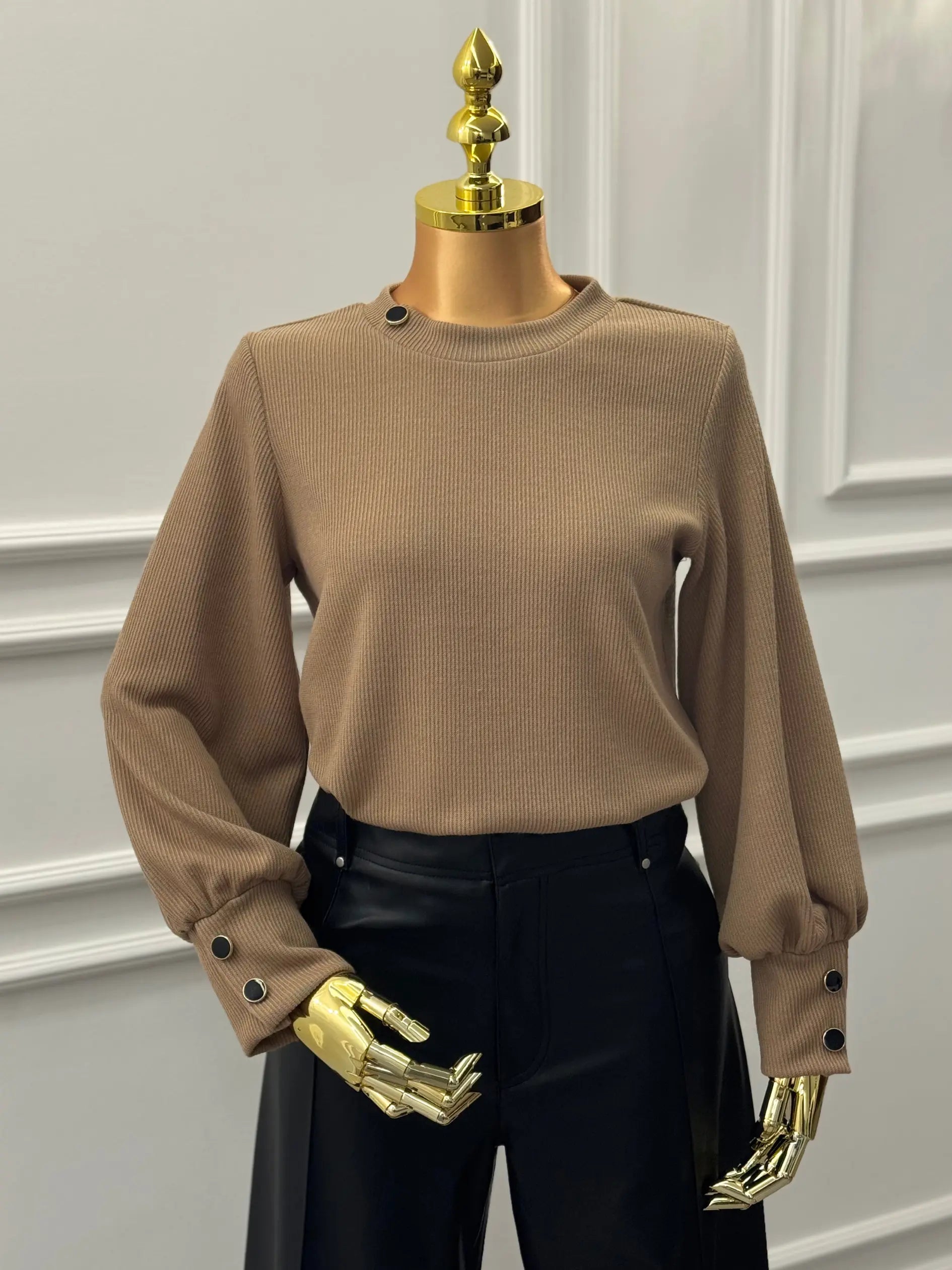 Ribbed Button-Cuff Top – Mocha Brown Kaleen