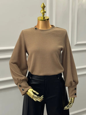 Ribbed Button-Cuff Top – Mocha Brown Kaleen
