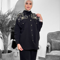 Embroidered Shoulder Button-Up Top – Black