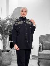 Embroidered Shoulder Button-Up Top – Black