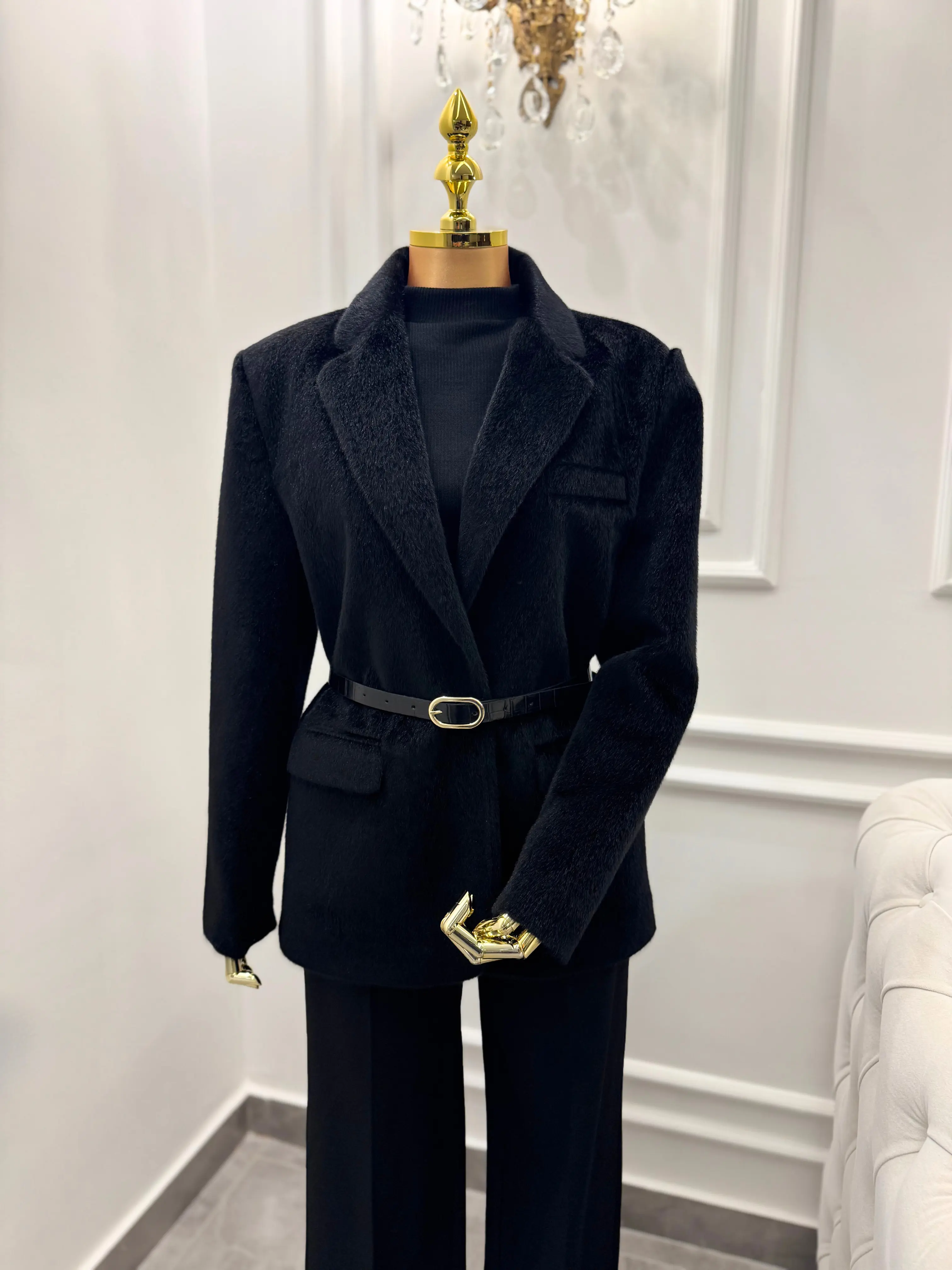 Black Faux Fur Jacket with Belt Kaleen
