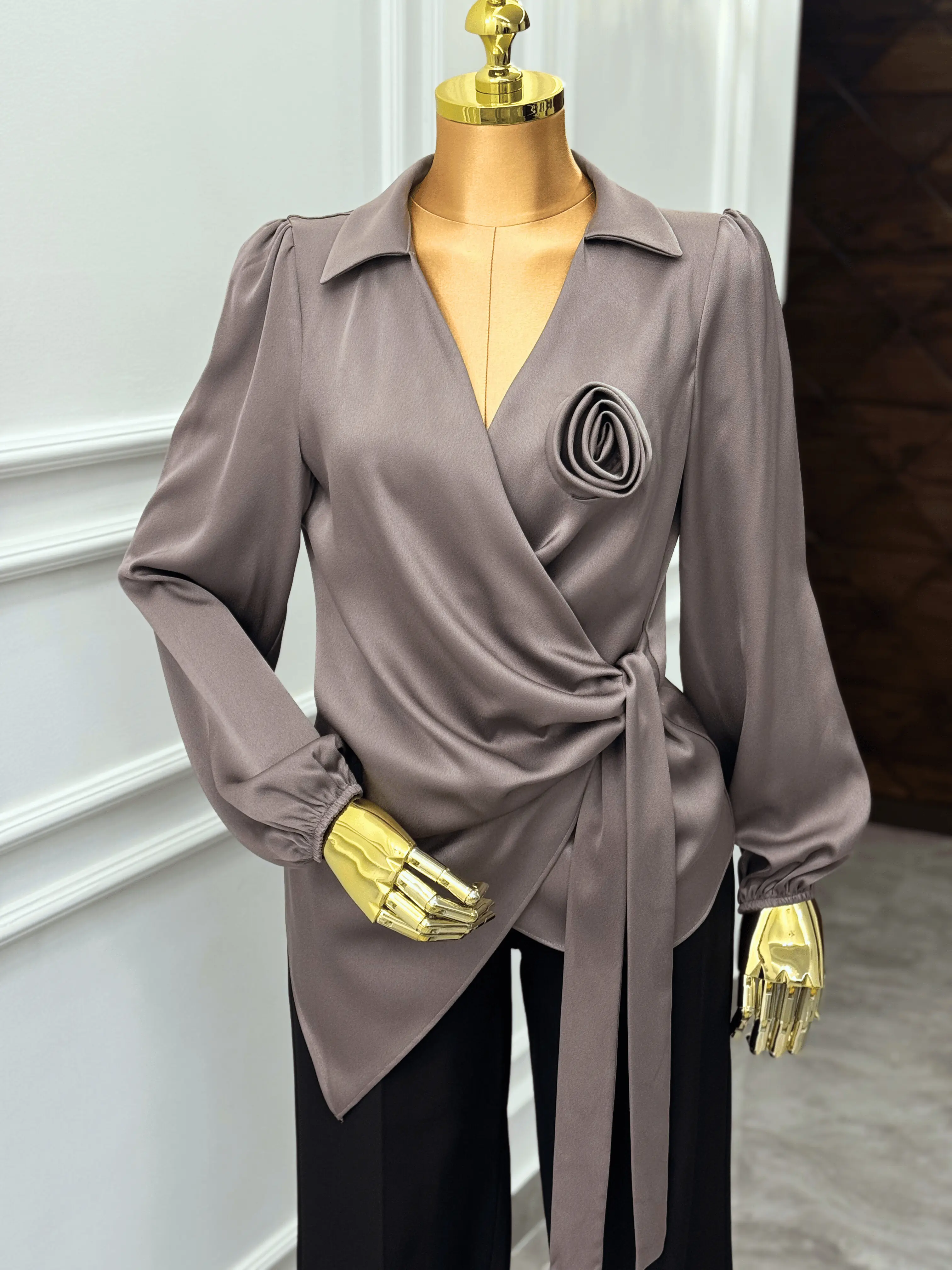 Satin Wrap Blouse with Rose Detail Kaleen