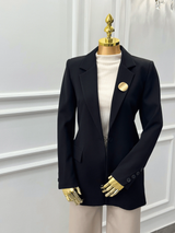 Black Tailored Blazer with Gold Brooch Kaleen