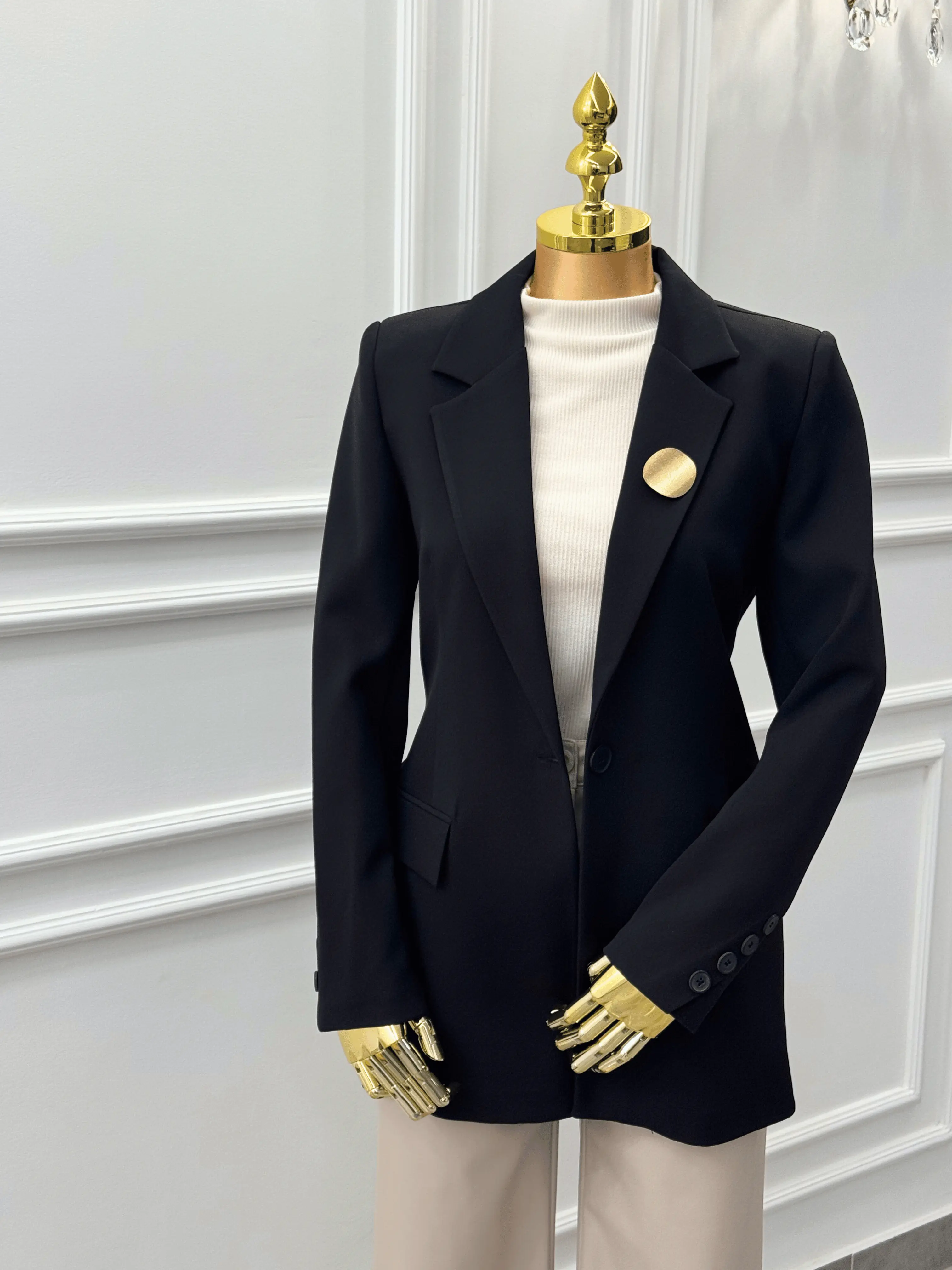 Black Tailored Blazer with Gold Brooch Kaleen