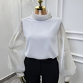 Elegant White Sheer Sleeve Top with High Collar