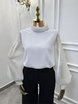 Elegant White Sheer Sleeve Top with High Collar