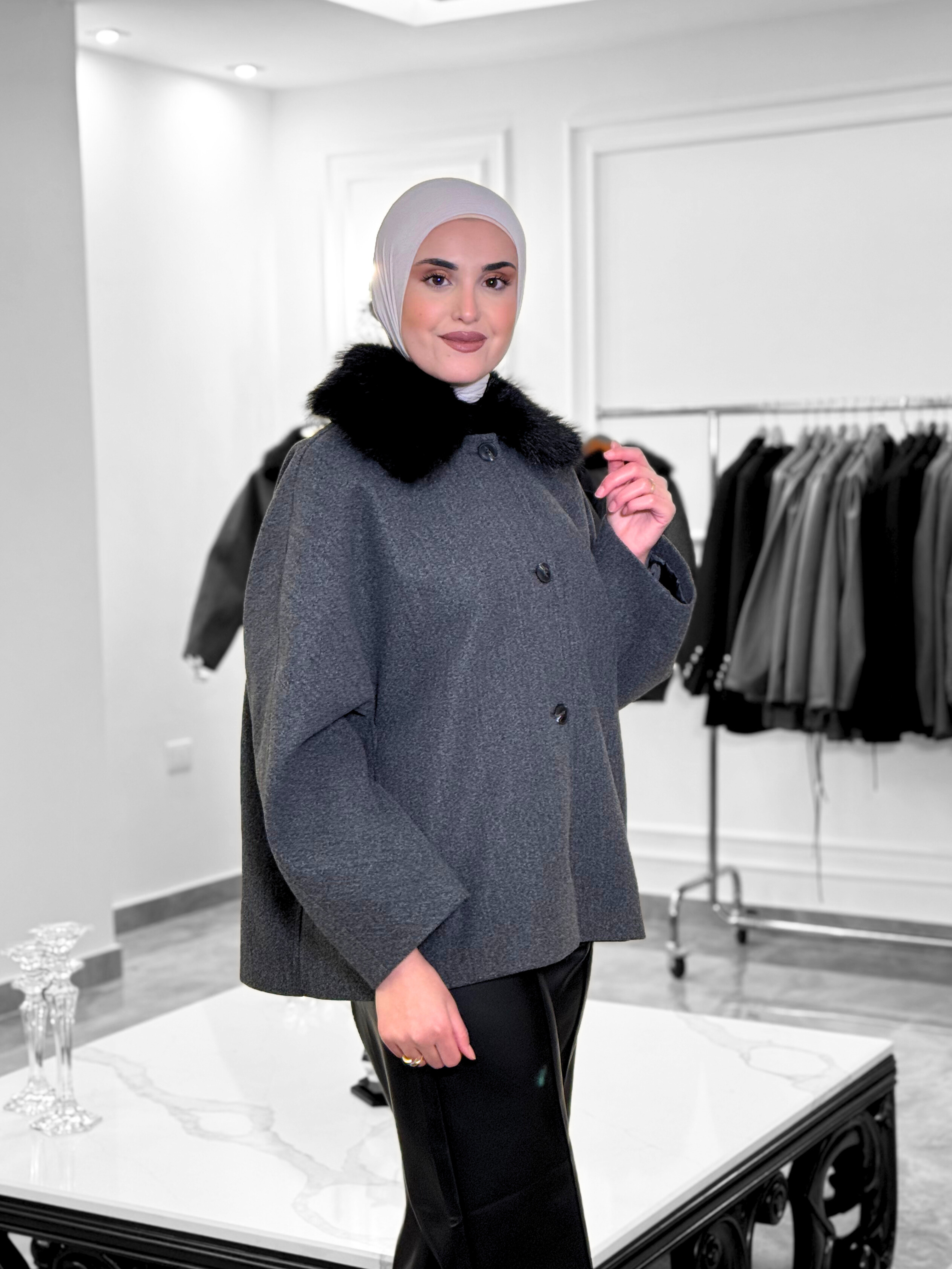 Wool-Blend Jacket with Faux Fur Collar – Charcoal Grey