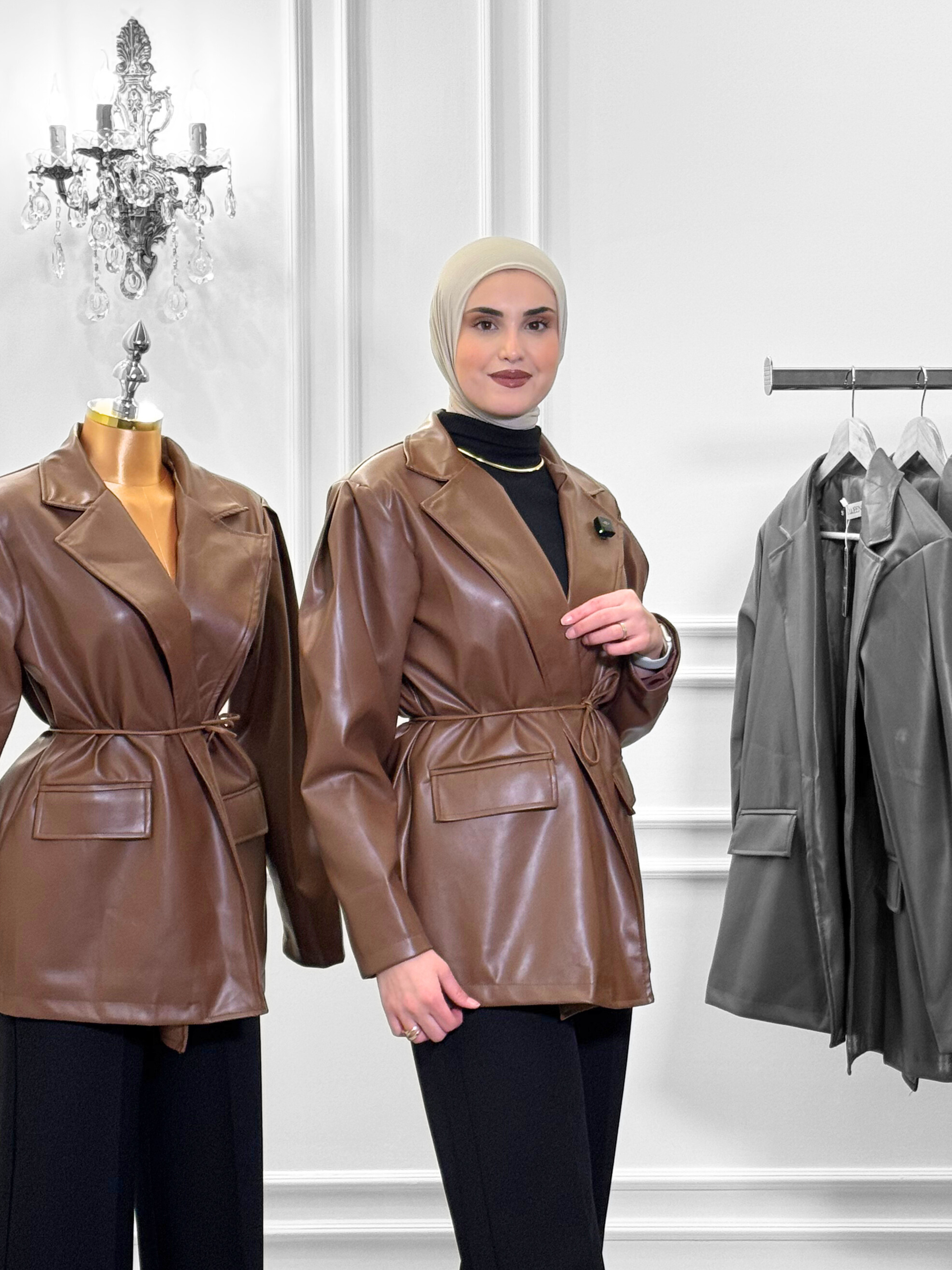 Belted Faux Leather Blazer – Chestnut Brown