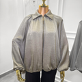 Elegant Green-Grey Zip-Up Blouse with Balloon Sleeves