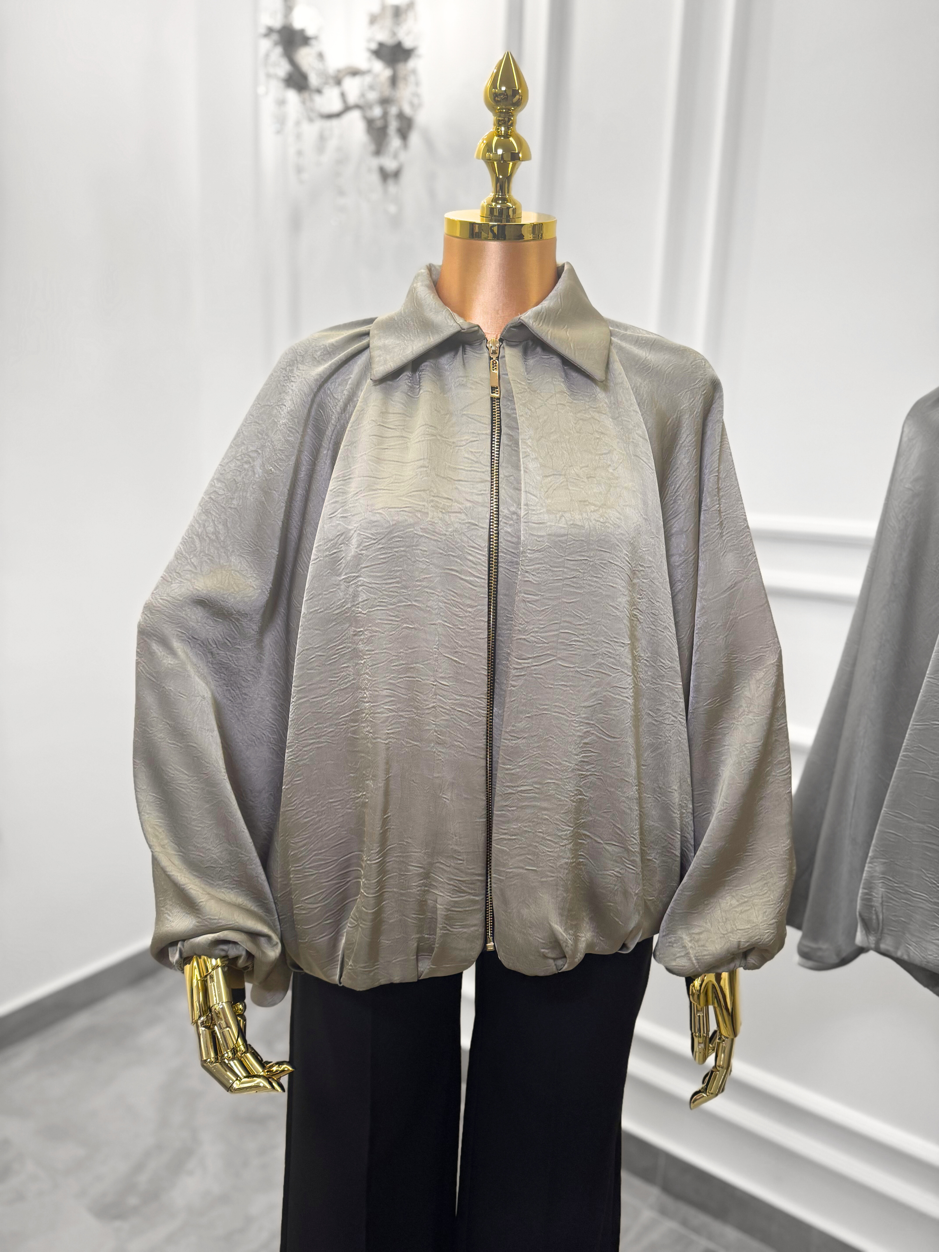 Elegant Green-Grey Zip-Up Blouse with Balloon Sleeves