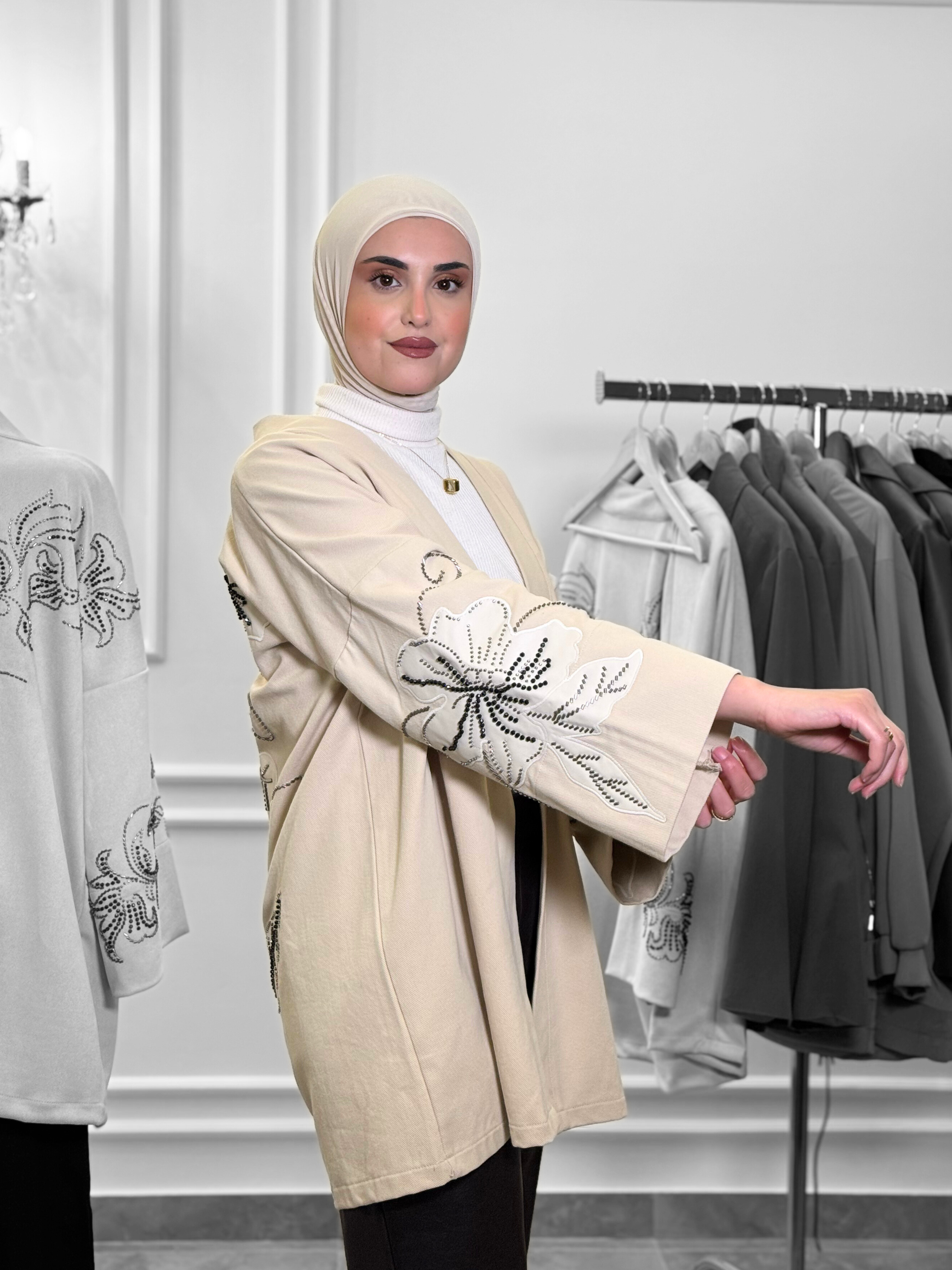 Embroidered Denim-Feel Modest Jacket – Beige