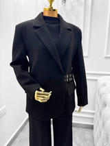 Chic Black Wool Belted Blazer Jacket