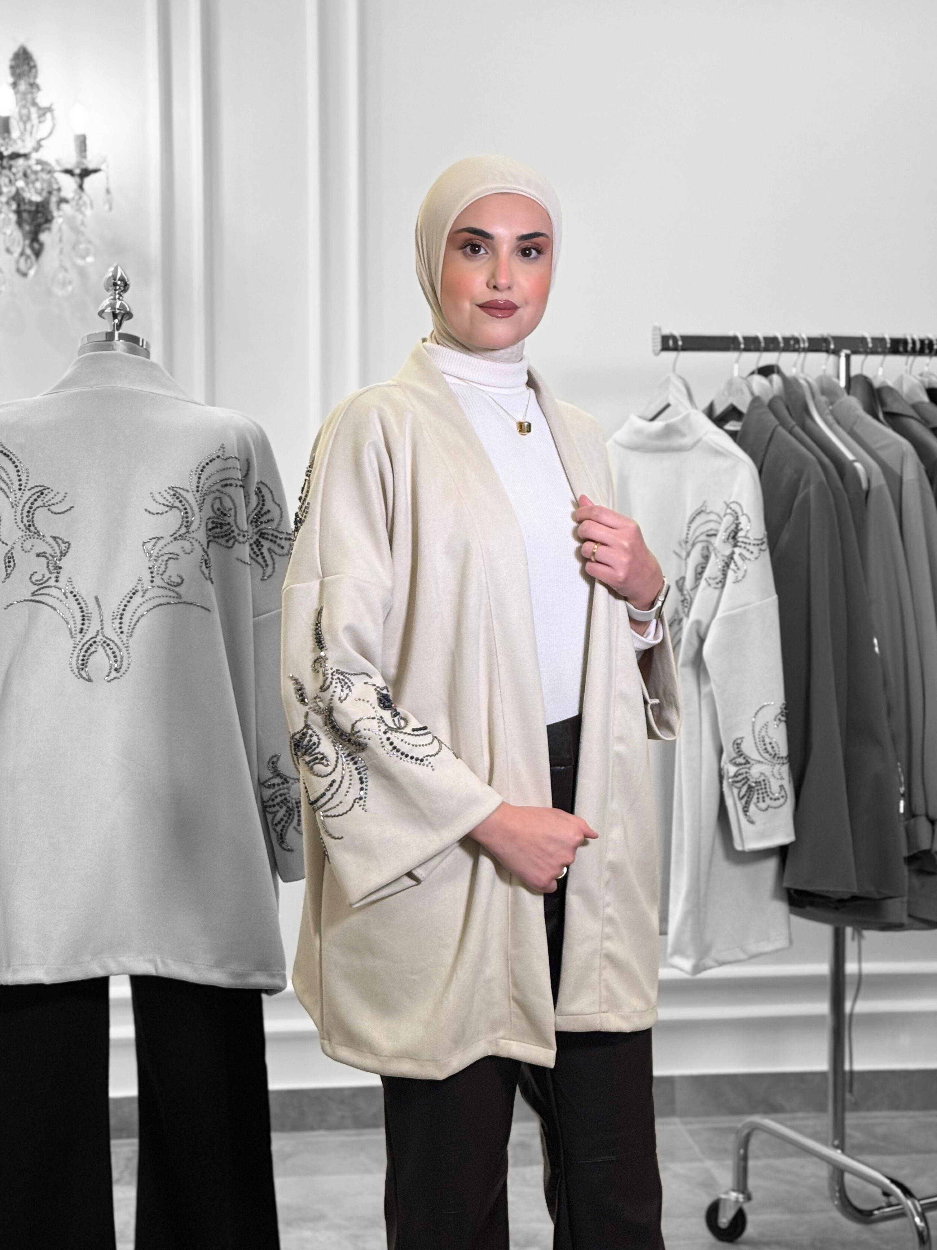 Embroidered Shumwa-Feel Modest Jacket – Beige