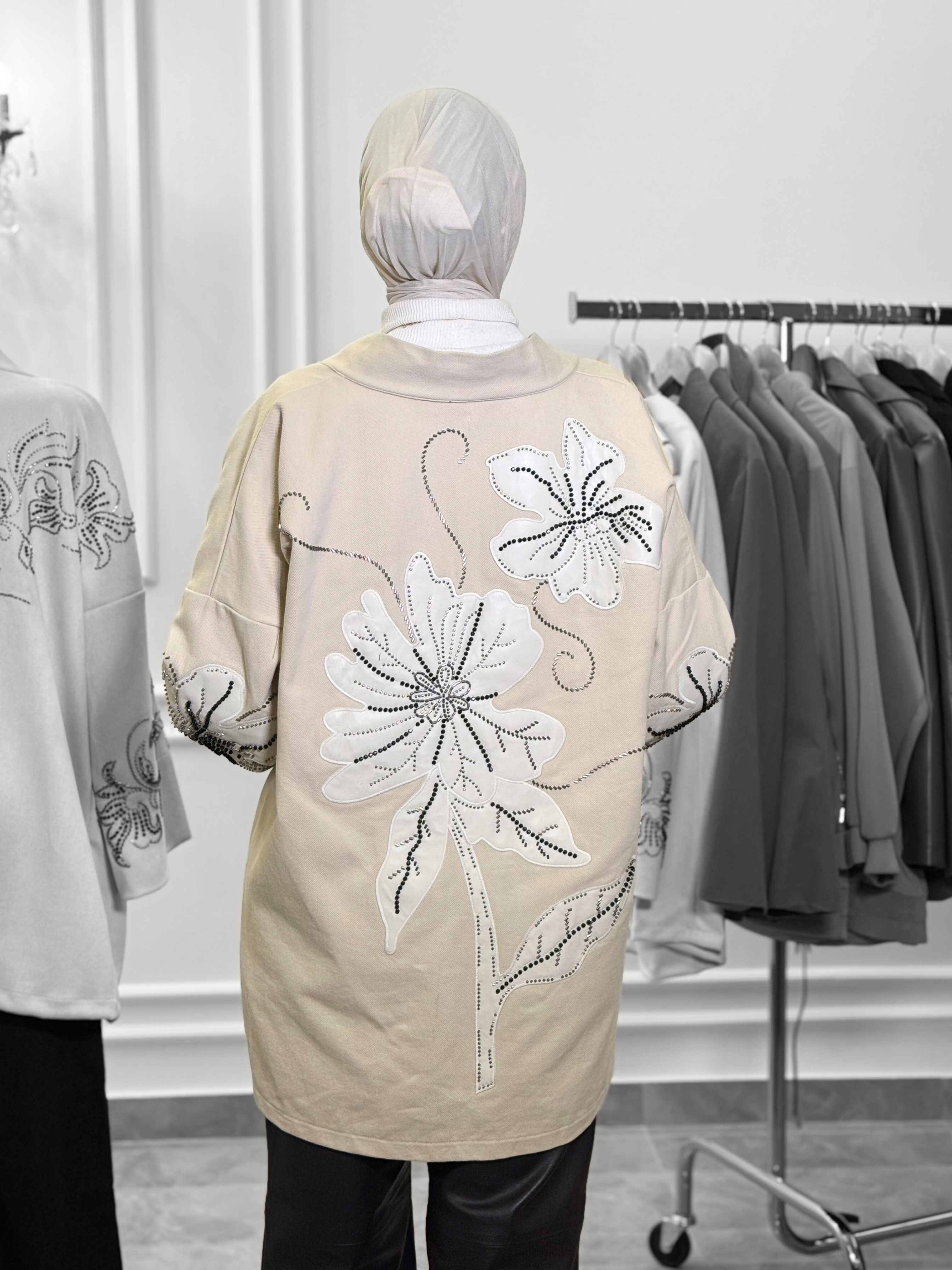 Embroidered Denim-Feel Modest Jacket – Beige