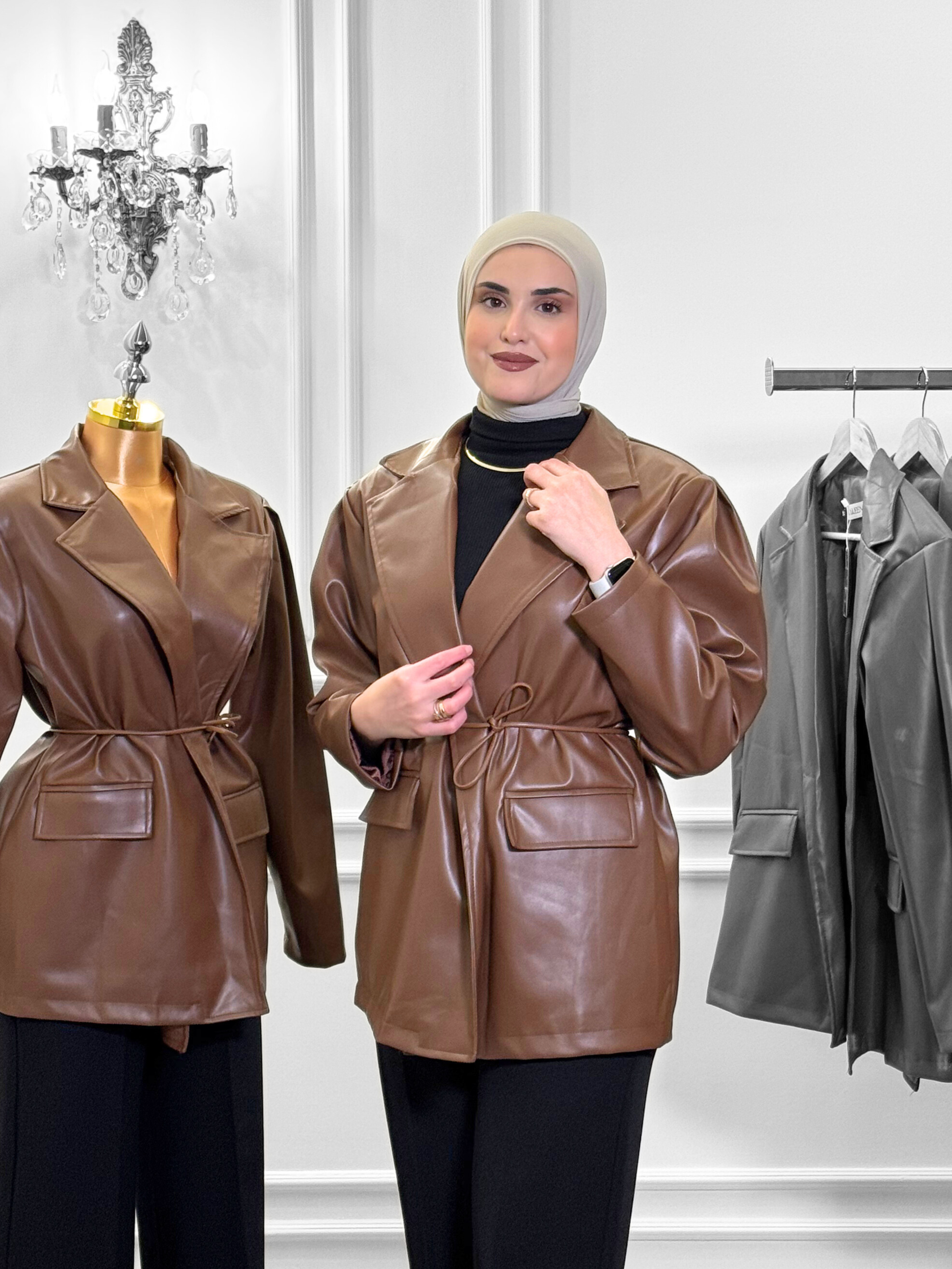 Belted Faux Leather Blazer – Chestnut Brown