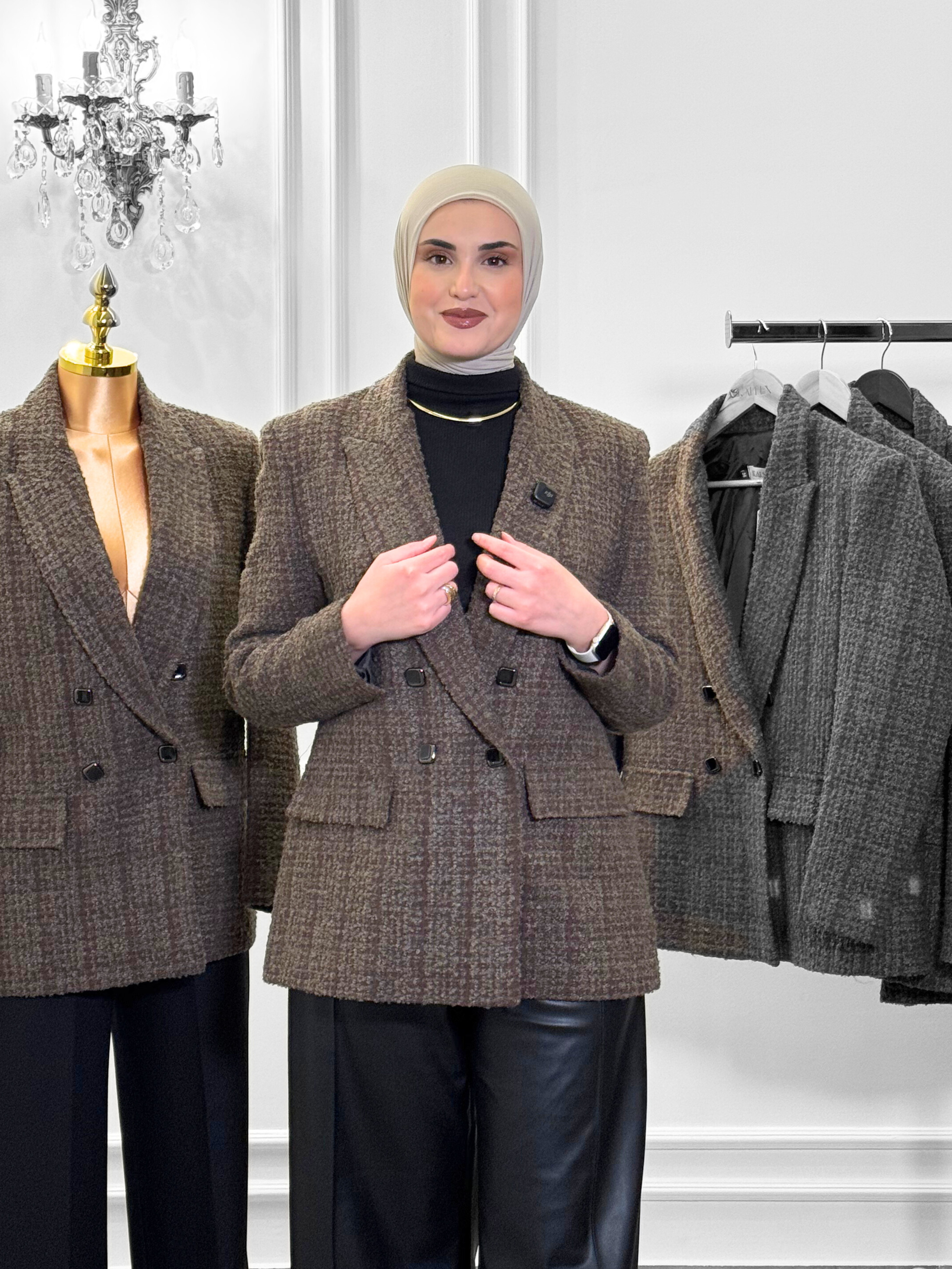 Structured Double-Breasted Tweed Blazer – Mocha Brown
