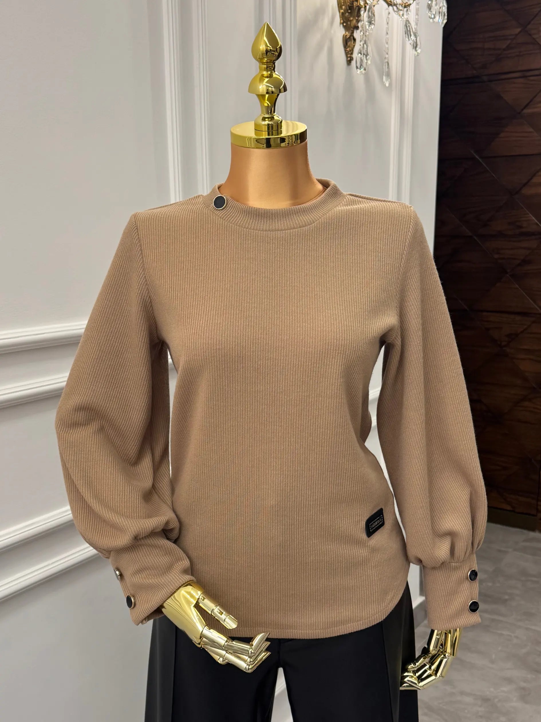 Ribbed Button-Cuff Top – Mocha Brown Kaleen
