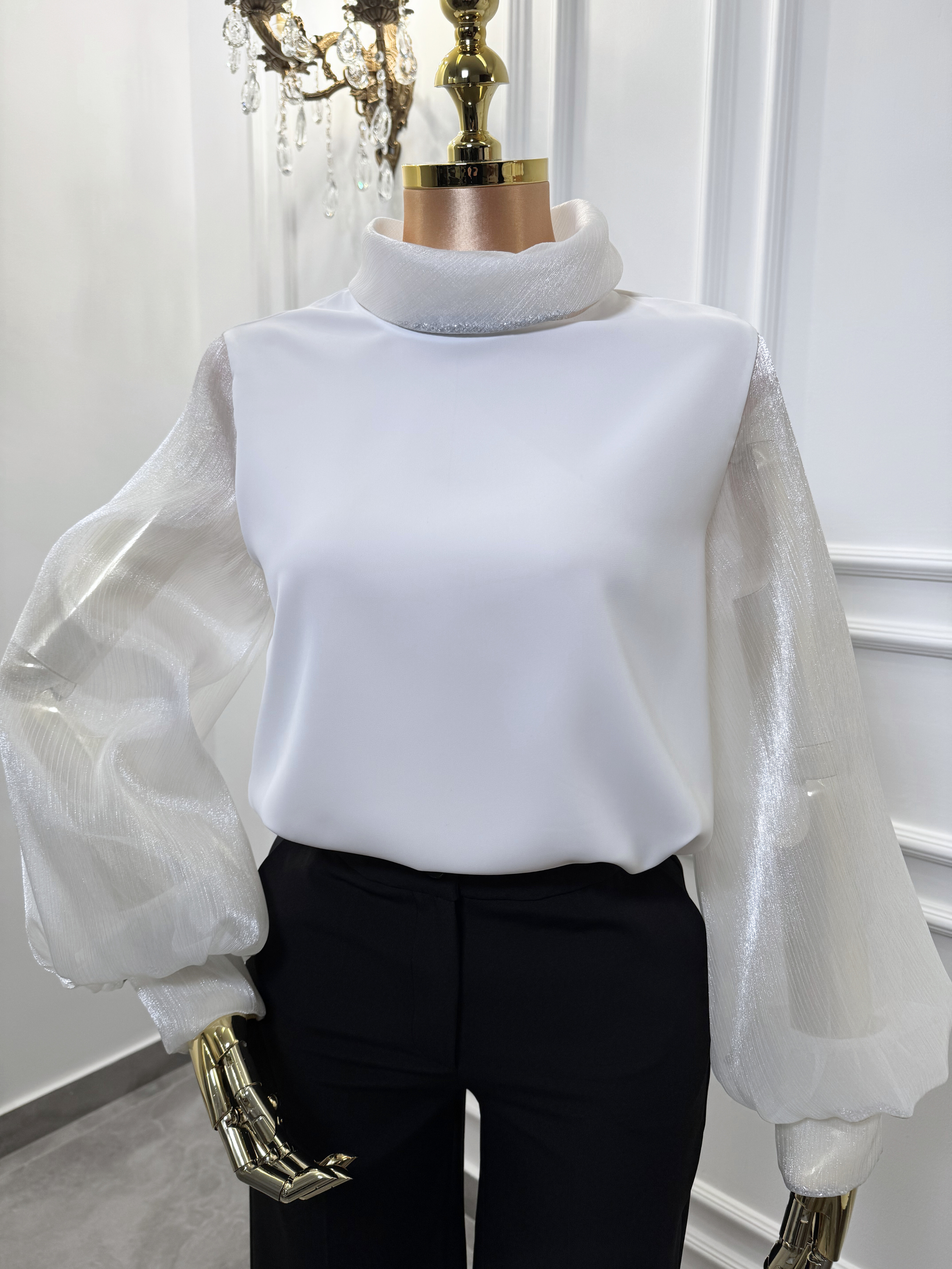 Elegant White Sheer Sleeve Top with High Collar