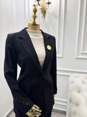 Black Tailored Blazer with Gold Brooch Kaleen