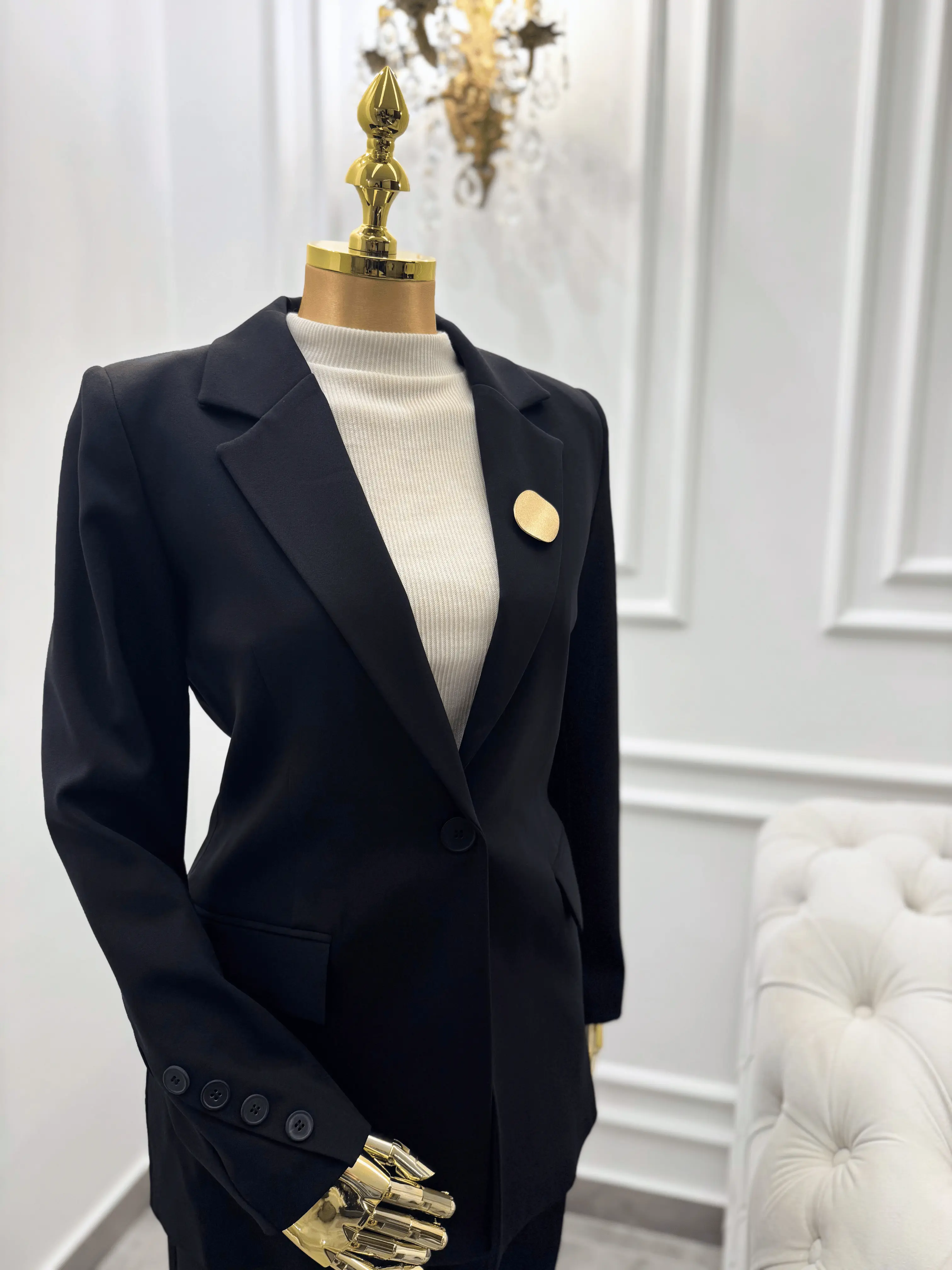 Black Tailored Blazer with Gold Brooch Kaleen