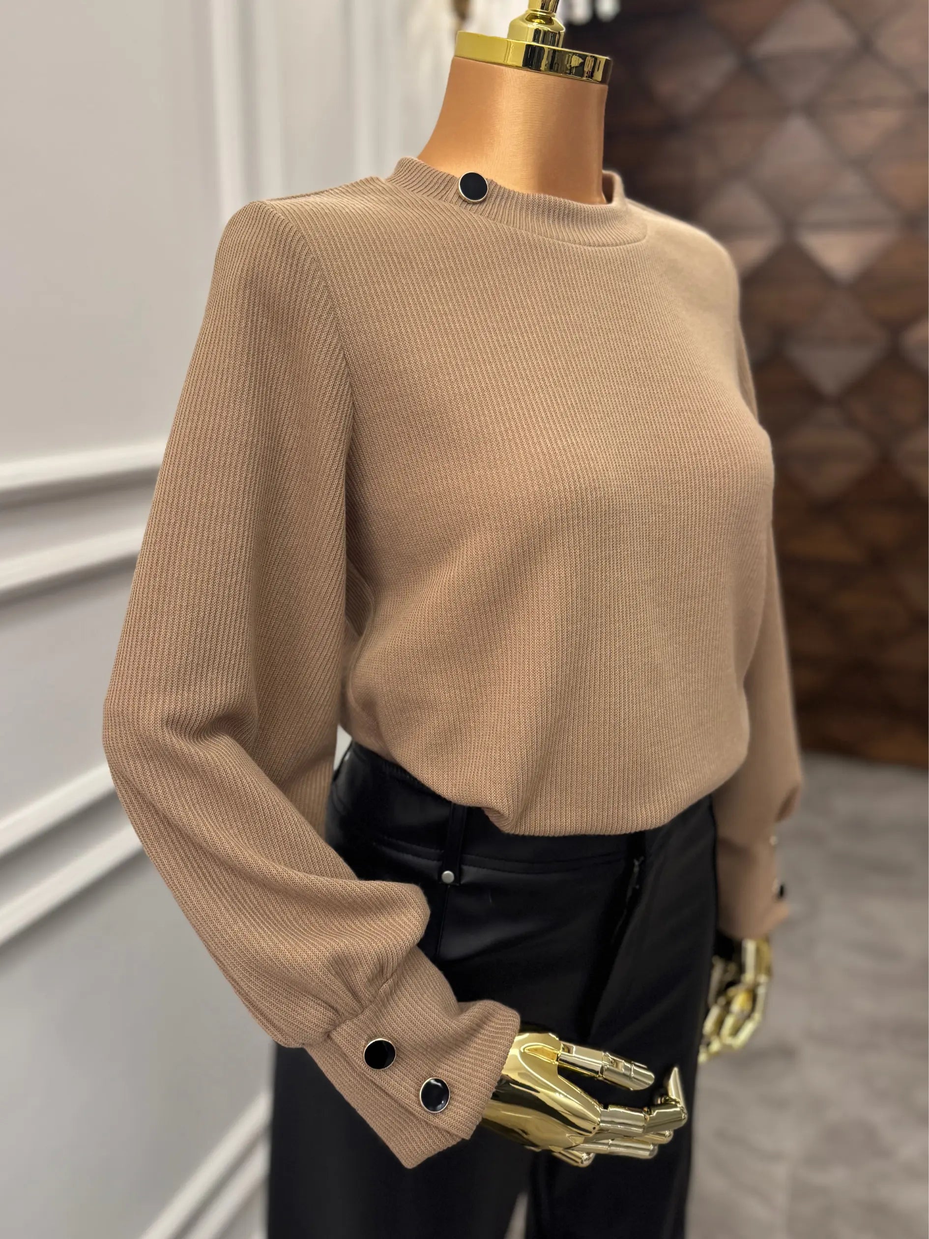 Ribbed Button-Cuff Top – Mocha Brown Kaleen