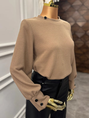 Ribbed Button-Cuff Top – Mocha Brown Kaleen
