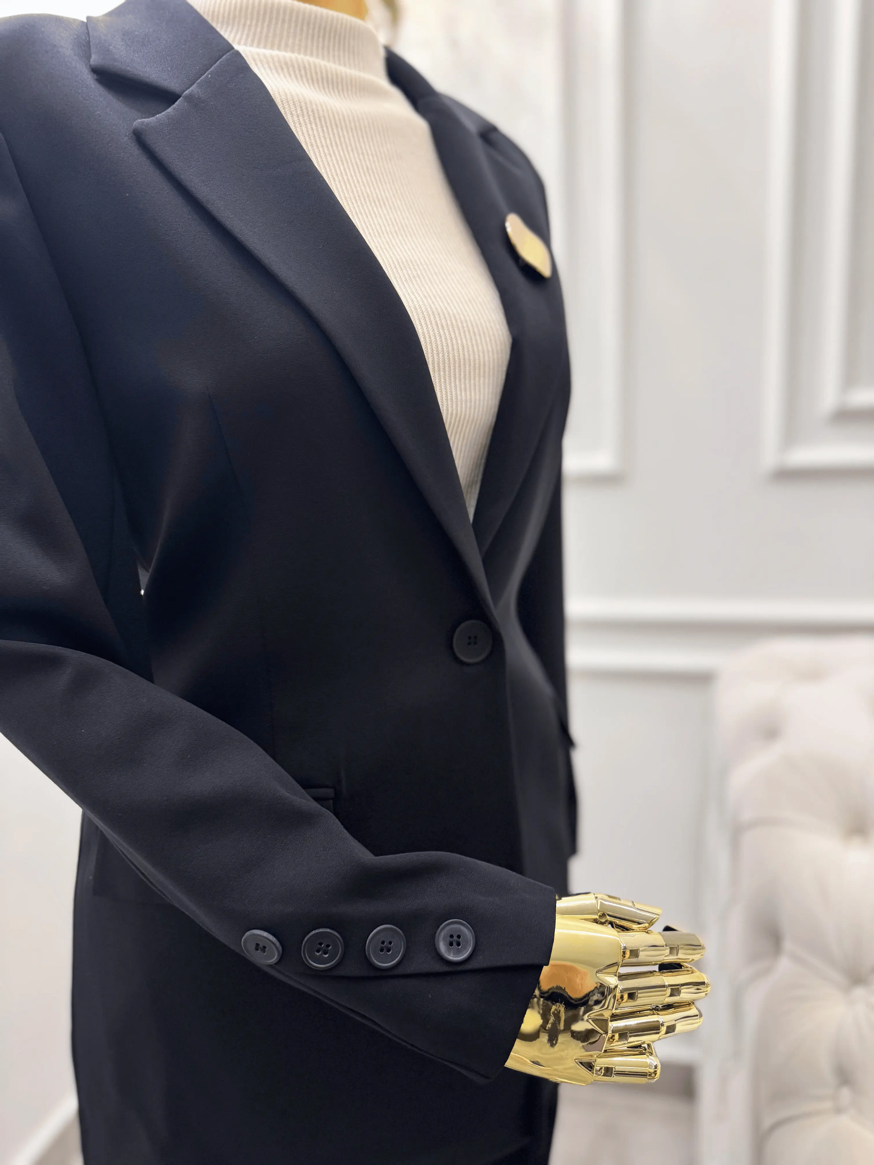 Black Tailored Blazer with Gold Brooch Kaleen