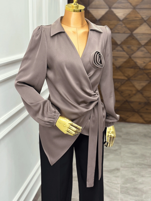Satin Wrap Blouse with Rose Detail Kaleen