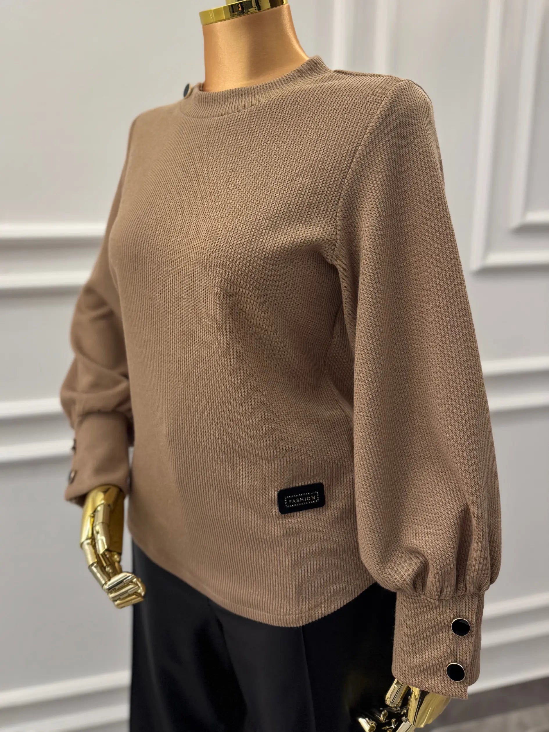 Ribbed Button-Cuff Top – Mocha Brown Kaleen