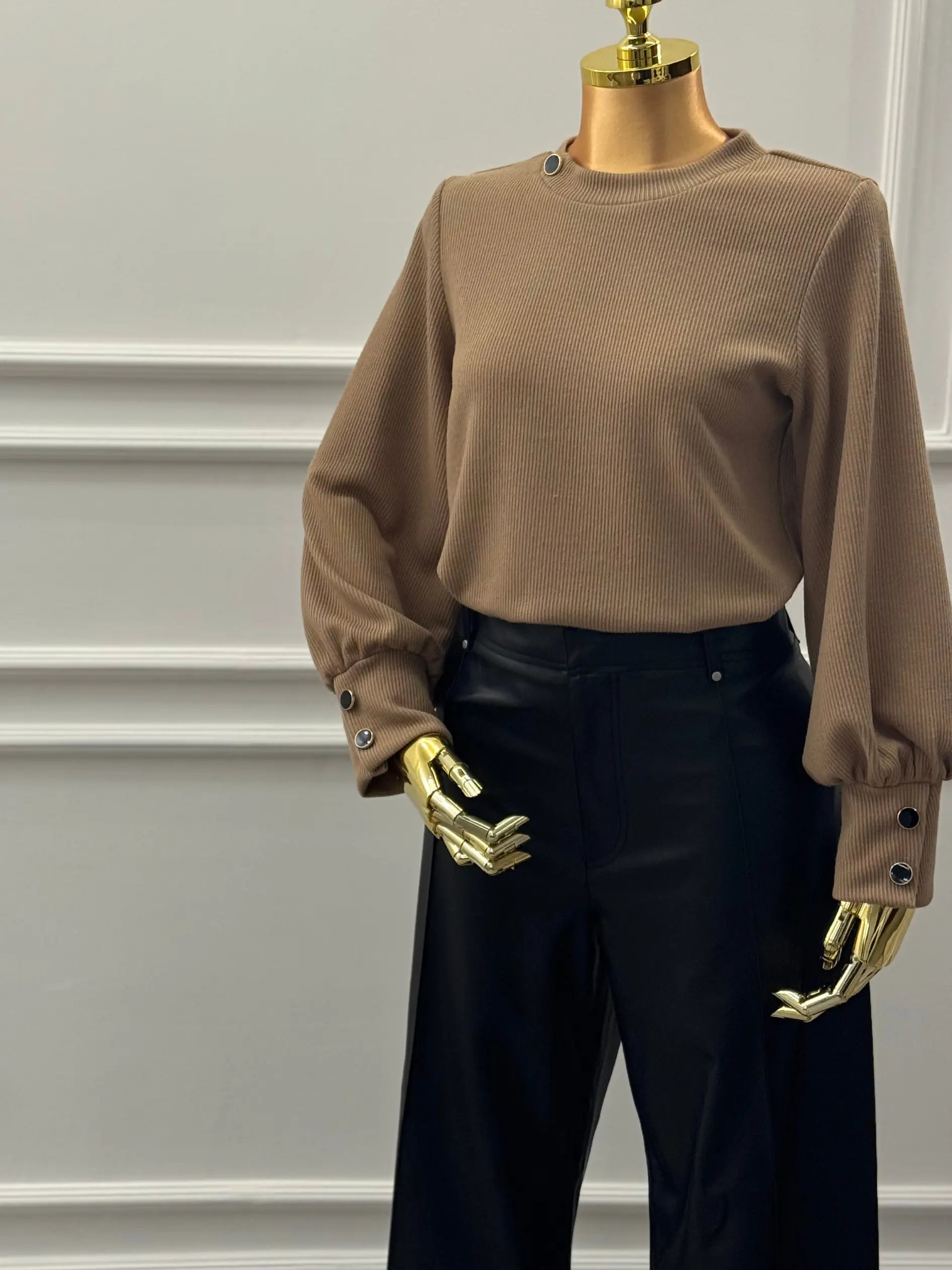 Ribbed Button-Cuff Top – Mocha Brown Kaleen