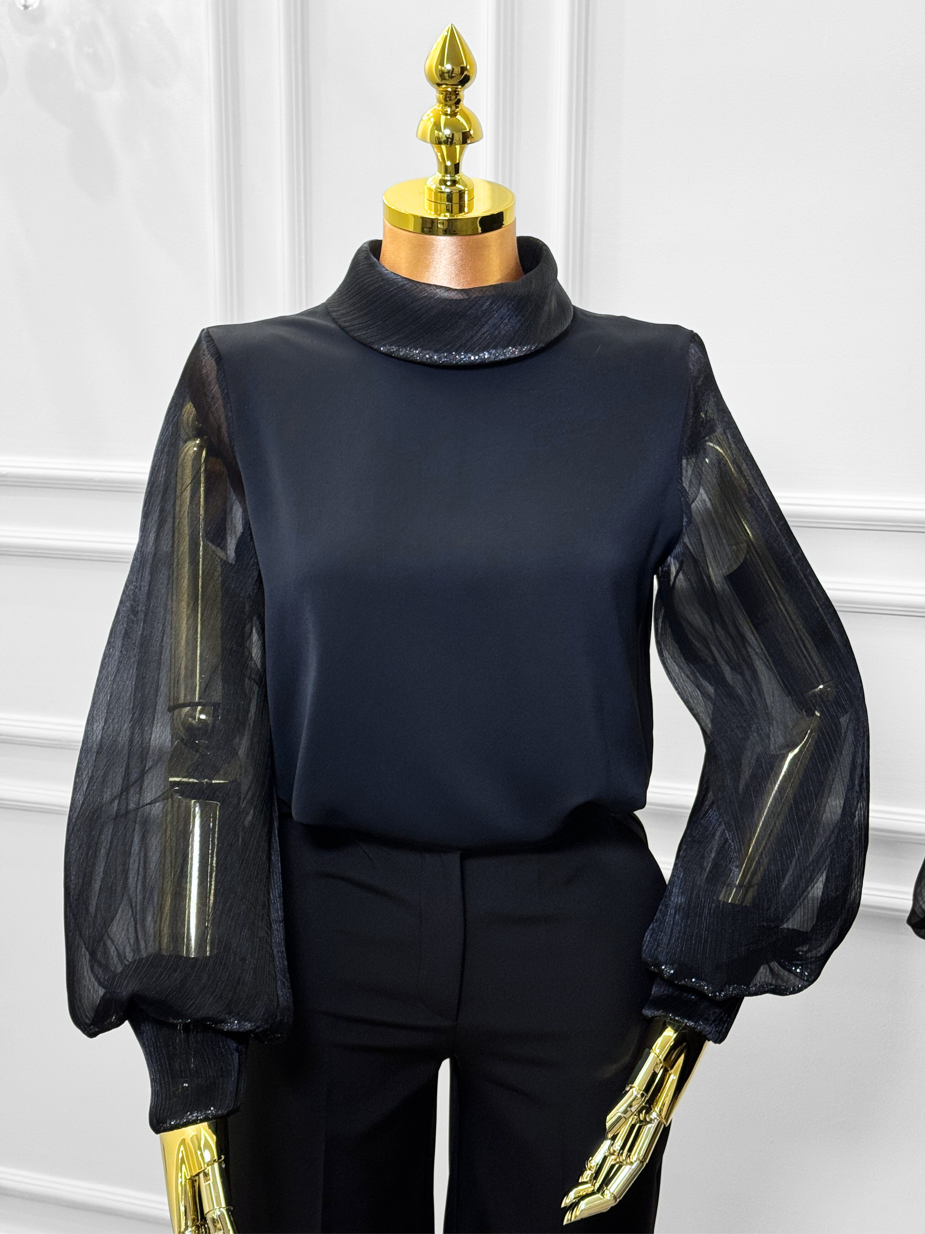 Elegant Black Sheer Sleeve Top with High Collar