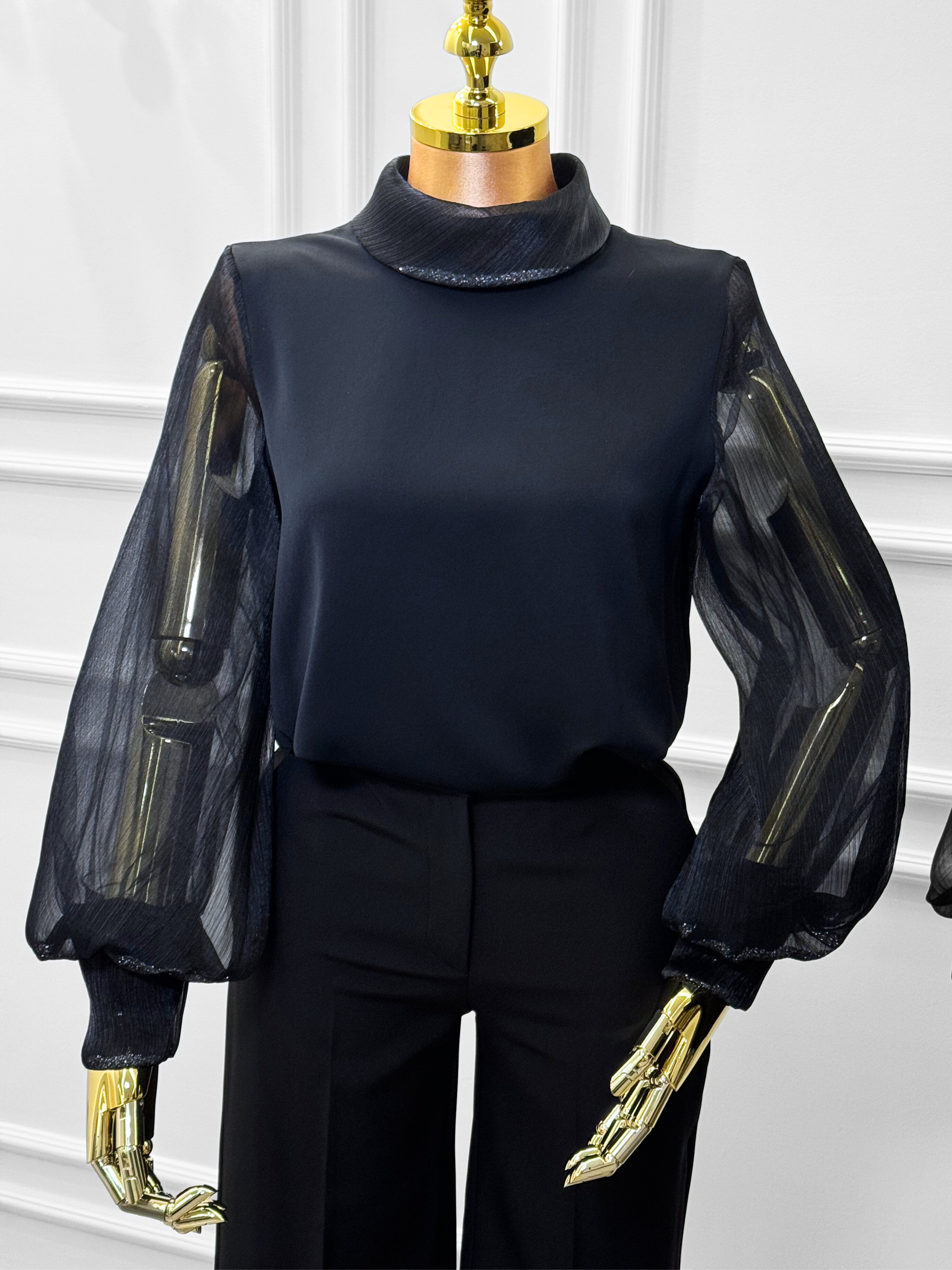 Elegant Black Sheer Sleeve Top with High Collar
